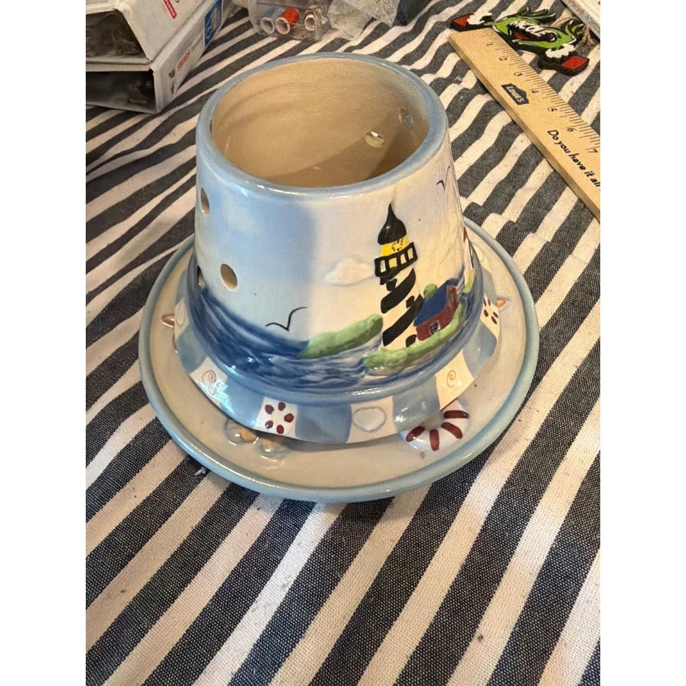 Nautical Ceramic Lighthouse Candle Warmer Set Coastal Beach Starfish Blue White